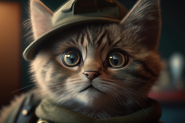 Photo chat mignon avec de grands yeux dans une casquette militaire closeup génération ai