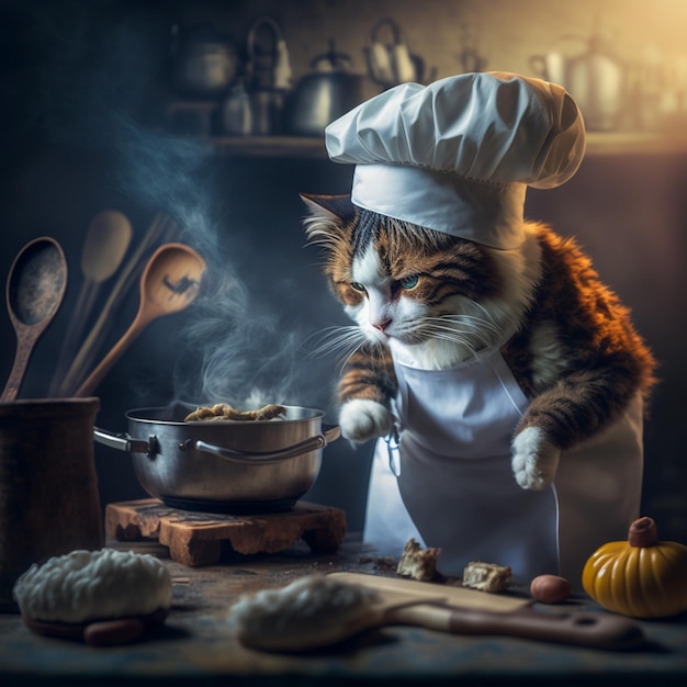 chat mignon habillé en chef avec fond de cuisine.