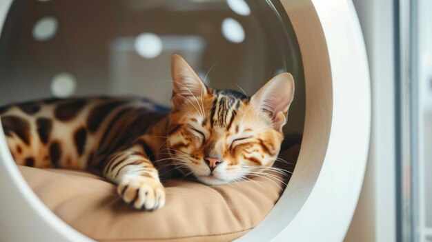 Un chat mignon et heureux sur un lit confortable dans un hôtel spécialisé pour animaux de compagnie