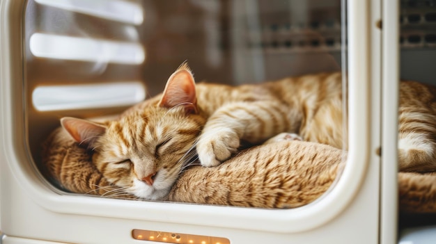 Un chat mignon et heureux sur un lit confortable dans un hôtel spécialisé pour animaux de compagnie