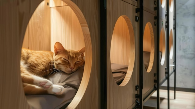 Un chat mignon et heureux sur un lit confortable dans un hôtel spécialisé pour animaux de compagnie