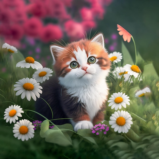 Chat mignon en illustration de fleurs