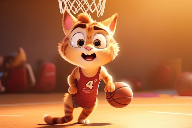 Chat mignon jouant au basket essayant de marquer une illustration de dessin animé slam dunk générative ai