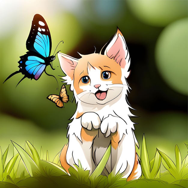 Chat mignon jouant avec l'icône de vecteur de dessin animé de papillon Illustration Nature animale Style de dessin animé plat