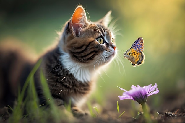 chat mignon jouant avec papillon, ai créative