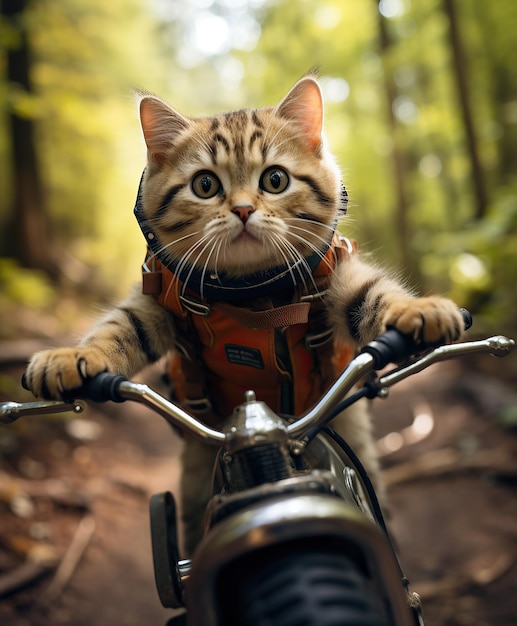 Photo un chat mignon en jouet sur un minibike traversant une forêt