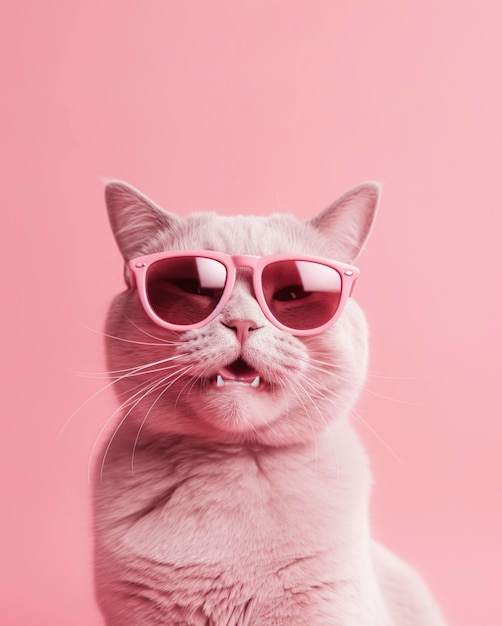 Un chat mignon avec des lunettes sur un fond rose