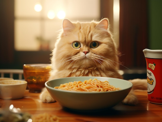 Chat mignon mangeant des nouilles ramen