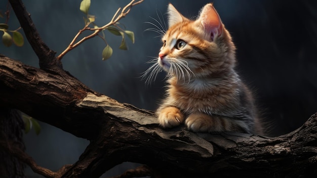 Chat mignon perché sur une branche dans le jardin Generative AI