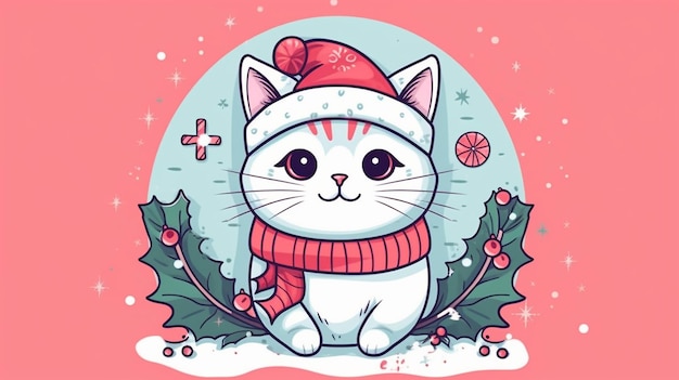 Chat mignon de personnage illustrateur dessiné à la main pour noël AI générative