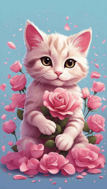 Un chat mignon qui embrasse beaucoup de pétales de roses roses illustration dessin de T-shirt