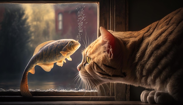 Chat mignon regardant le poisson Chaton drôle reniflant le poisson AI générée