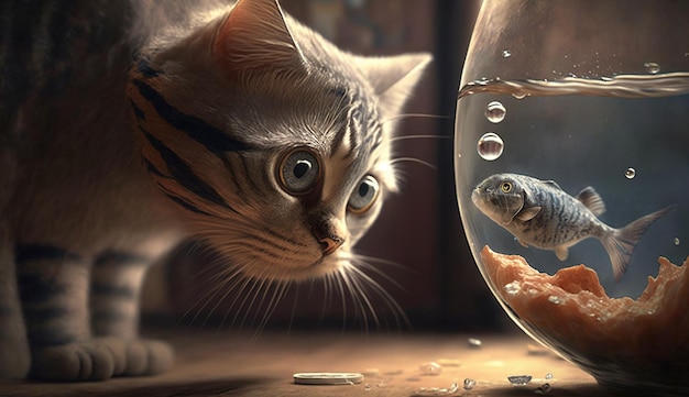 Chat mignon regardant le poisson Chaton drôle reniflant le poisson AI générée