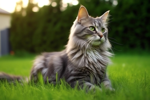 Un chat mignon regarde de côté et est assis dans le jardin ou l'herbe Un chat dans l'habitat naturel Le concept de la journée du chat