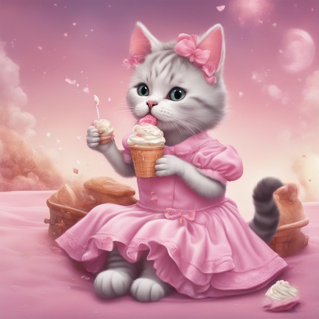 Chat mignon en robe Barbie mangeant une image fantastique de crème glacée générée par ai