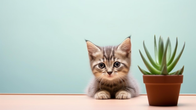 Chat mignon avec succulente dans la table à plat