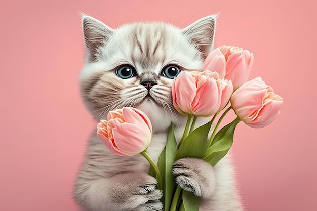 Chat mignon tenant un bouquet de tulipes sur fond rose Ai générative