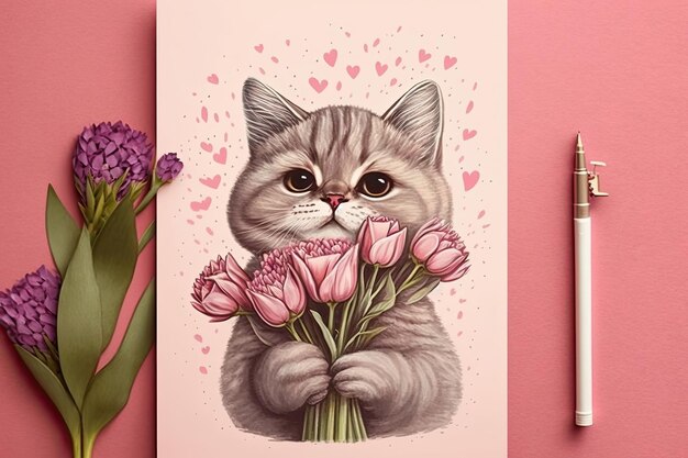 Chat mignon tenant un bouquet de tulipes sur fond rose Ai générative