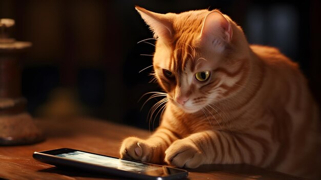 un chat mignon utilisant un téléphone portable assis sur la table