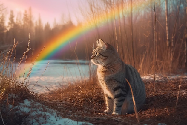 Un chat mignon va à l'arc-en-ciel Métaphore du départ de l'animal vers l'au-delà Illustration de l'IA générative