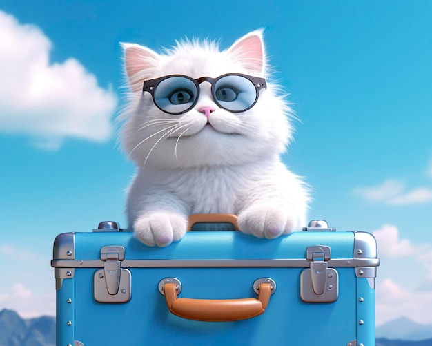 Chat mignon sur une valise bleue avec des lunettes de soleil AI Generative