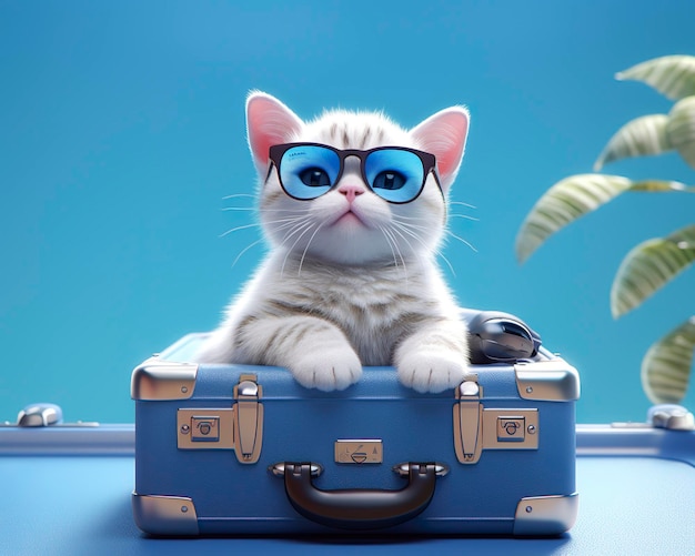 Chat mignon sur une valise bleue avec des lunettes de soleil AI Generative