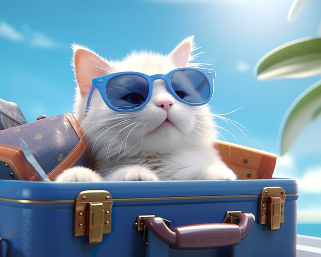 Chat mignon sur une valise bleue avec des lunettes de soleil AI Generative
