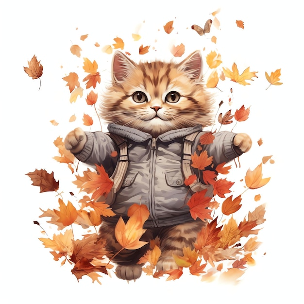 chat mignon avec des vêtements sautant dans un tas de feuilles d'automne illustration de style aquarelle pour