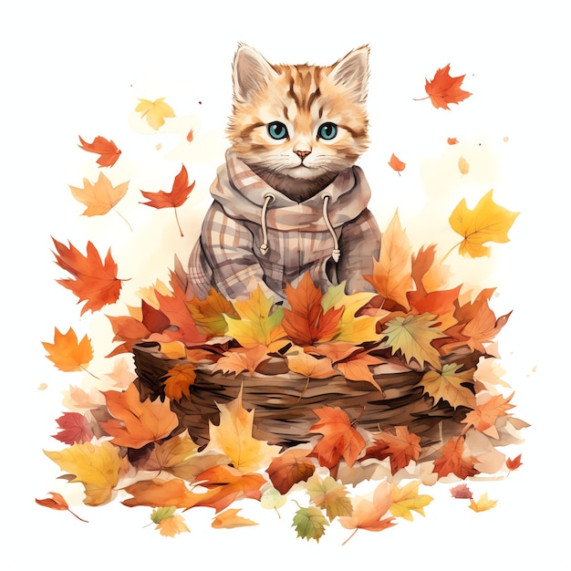chat mignon avec des vêtements sautant dans un tas de feuilles d'automne illustration de style aquarelle pour