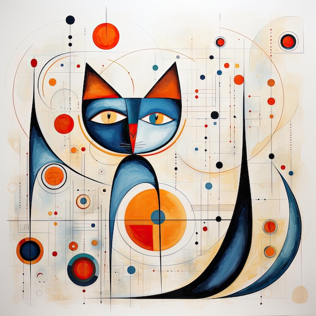 chat minou visage abstrait caricature surréaliste enjoué peinture illustration tatouage géométrie moderne