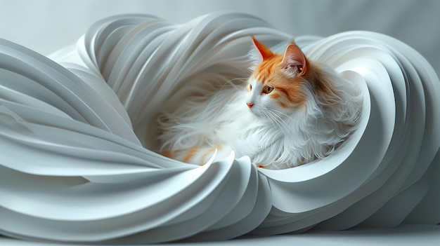 Un chat moelleux allongé sur une forme blanche en 3D.