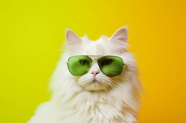 Un chat moelleux blanc à la mode dans des lunettes vertes posant sur un fond jaune Photo horizontale