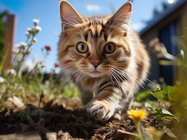 Le chat moelleux est allongé sur l'herbe sur un fond flou AI générative