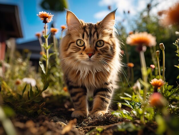 Le chat moelleux est allongé sur l'herbe sur un fond flou AI générative