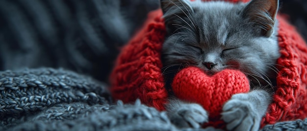 Un chat moelleux gris et noir tient un cœur tricoté rouge dans ses pattes créant un charmant jour de la Saint-Valentin.