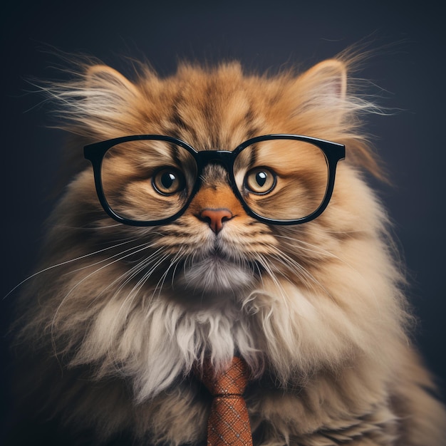 Un chat moelleux avec des lunettes et une cravate.