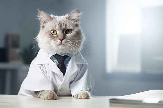 Photo un chat moelleux et sérieux comme un chef de médecine assis à la table de son bureau.