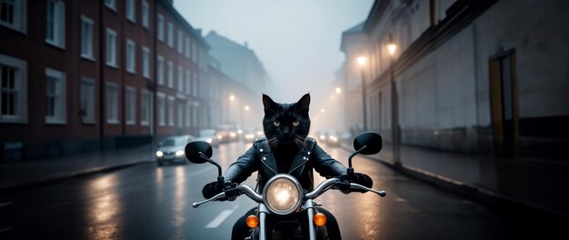 un chat motocycliste en colère roule sur une moto à travers la ville