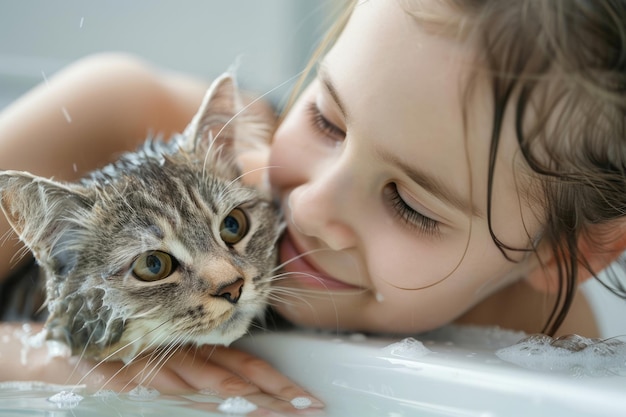 Un chat mouillé et une fille dans la salle de bain Une fille lave son animal de compagnie dans une baignoire AI générative