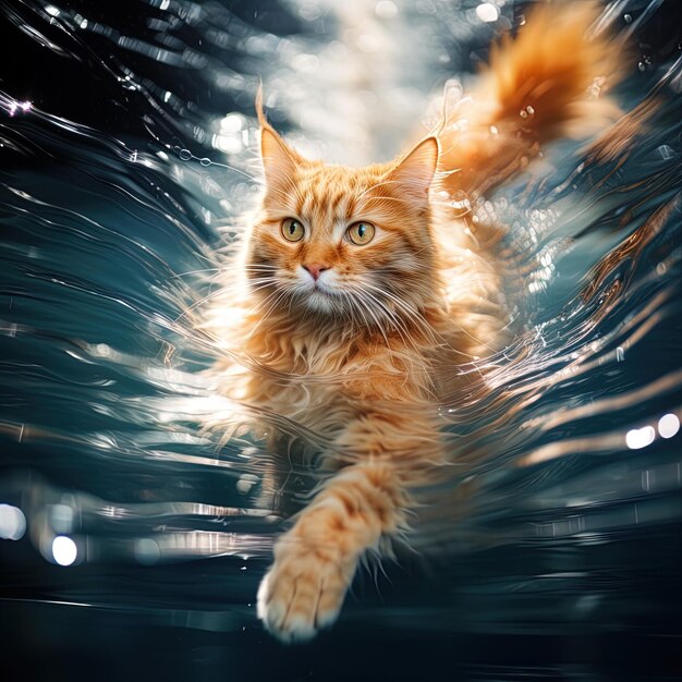 un chat nage dans l'eau avec les mots chat sur le fond