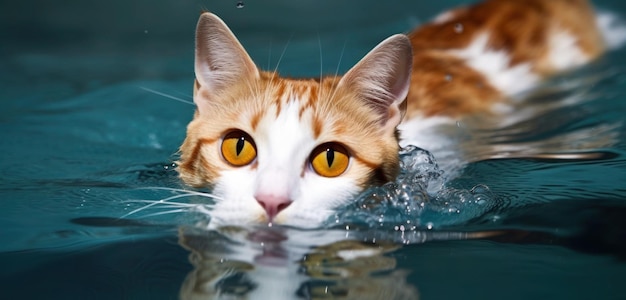 Un chat nageant dans une piscine avec le mot chat sur le devant.