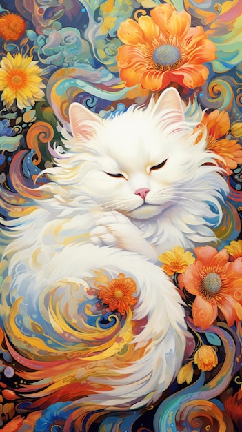 Le chat nain aux cheveux longs et blancs endormi est une fleur dorée créée par Ai.