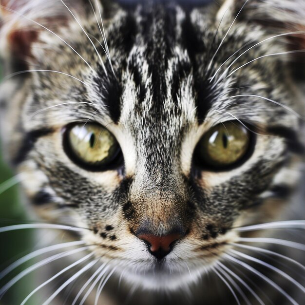 un chat avec un nez rose et un motif noir et blanc sur son visage