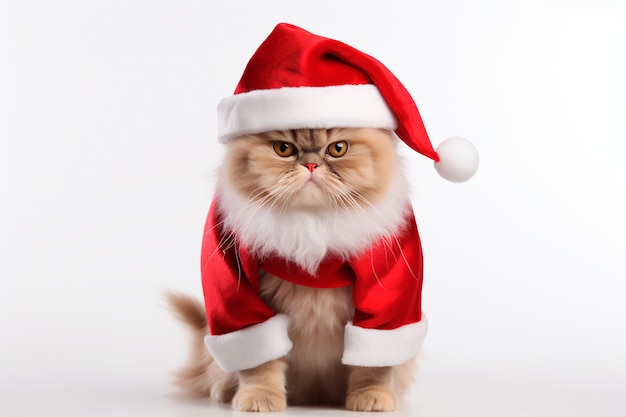 Chat de Noël en costume du Nouvel An sur un fond blanc isolé généré par l'IA