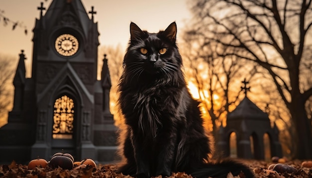 Chat noir assis sur le sol devant une église en automne