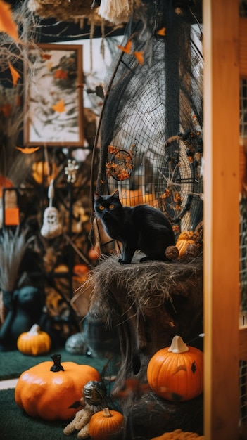 Un chat noir assis sur un tas de citrouilles