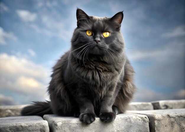 un chat noir aux yeux jaunes assis sur un mur