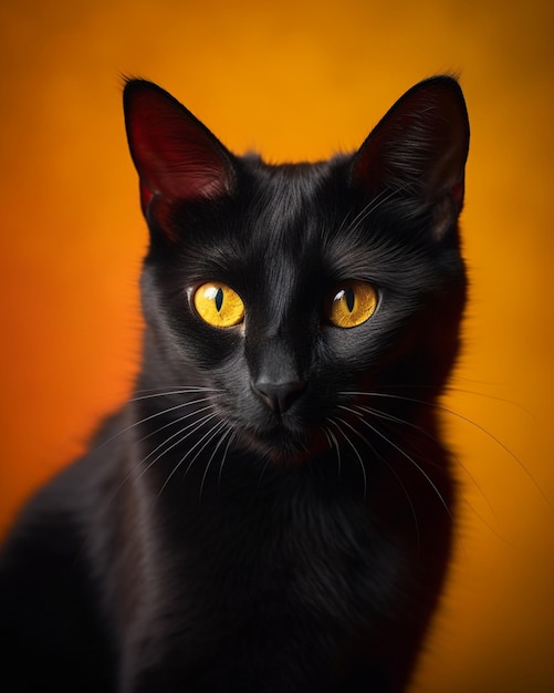 Un chat noir aux yeux jaunes est assis devant un fond orange.