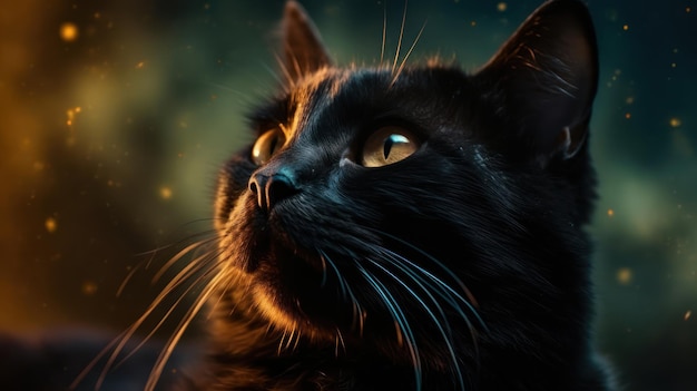 Un chat noir aux yeux jaunes regarde au loin.