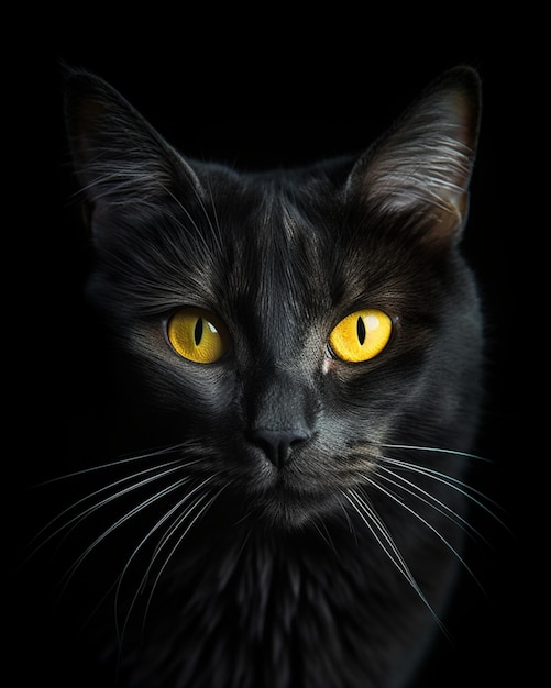 Un chat noir aux yeux jaunes regarde la caméra.